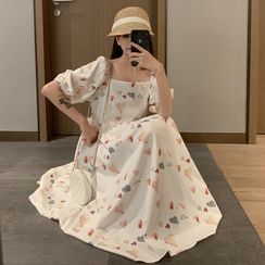 Clover Dream - Maternity Puff-Sleeve Floral Print A-Line Dress