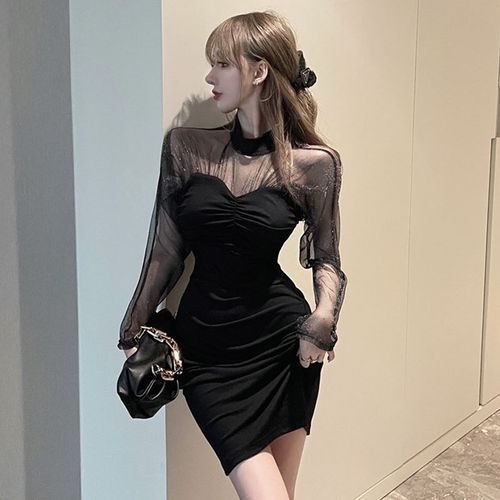 WOW!NITE Long-Sleeve Mesh Panel Dress YesStyle