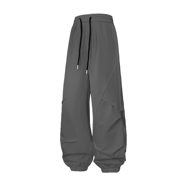YIKES-Drawstring Waist Plain Panel Loose Fit Pants