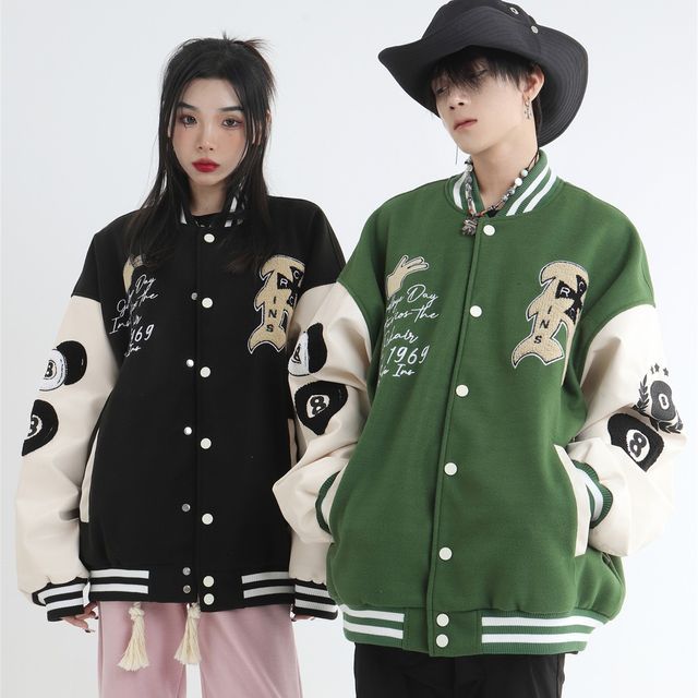 Banash Letter Embroidered Two-Tone Baseball Jacket Black L