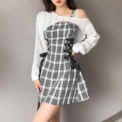 Sugarcoat - Plaid Lace-Up A-Line Dress / Long Sleeve Asymmetrical Cold-Shoulder Top