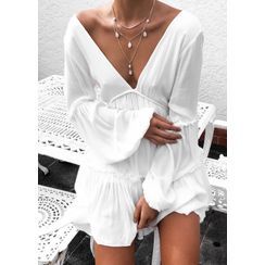 Perplejo - Long-Sleeve V-Neck Mini A-Line Dress Perplejo - Long-Sleeve V-Neck Mini A-Line Dress