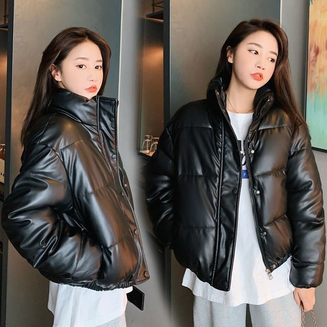 Sienne-Stand Collared Plain Faux Leather Puffer Jacket