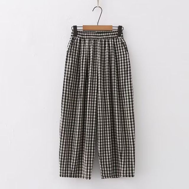 PANDAGO-High Waist Gingham Cropped Baggy Pants