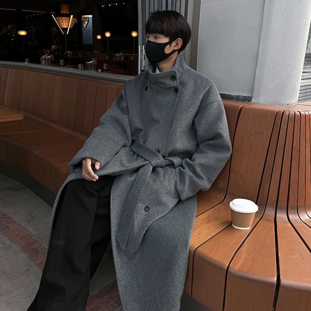 Freehop-Stand Collar Plain Midi Double Breasted Tie Front Coat