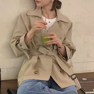 satierra-Lapel Collar Plain Double-Breasted Trench Jacket