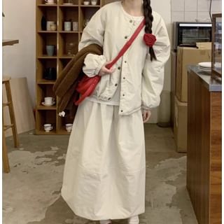 Trendycas-Crew Neck Plain Button-Up Jacket High Waist Midi A-Line Skirt