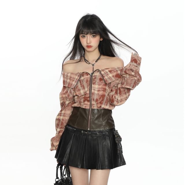 Berrytrix-Off-Shoulder Plaid Patchwork Zipped Blouse