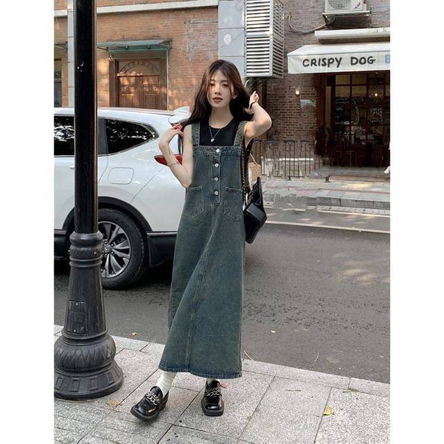 chinese dress ladies Traveling Pinafore Dress Long Version in Indigo Denim {Made to Order} –  electric feathers main image 0