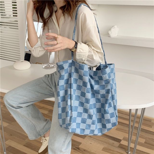 Plaid Pattern Denim Shoulder Bag