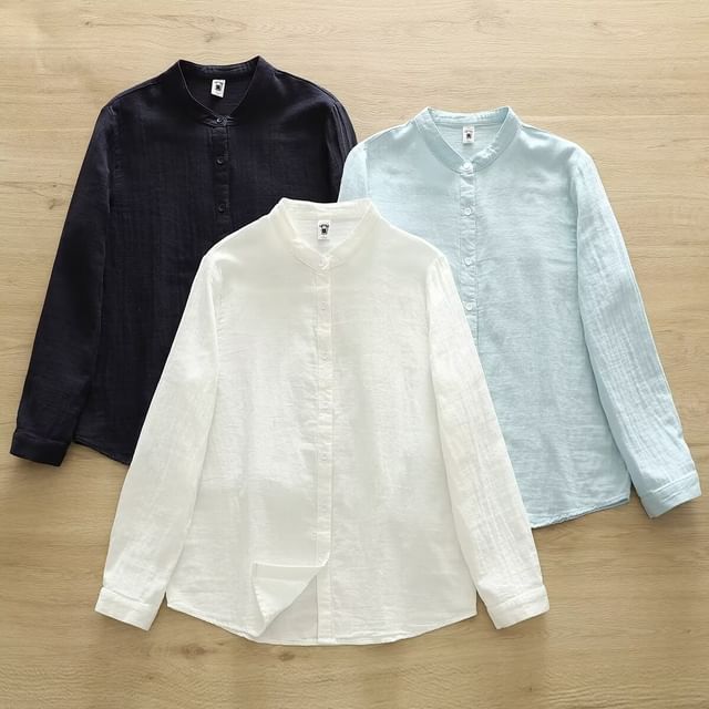PANDAGO-Long-Sleeve Stand Collar Plain Button-Up Blouse