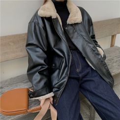 Rhames - Furry Collar Pu Leather Oversize Jacket