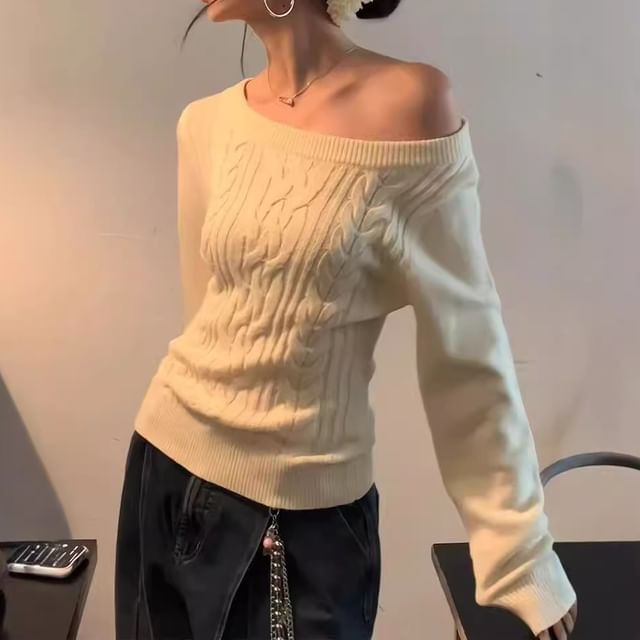 Flotto One-Shoulder Long-Sleeve Plain Cable Knit Sweater YesStyle