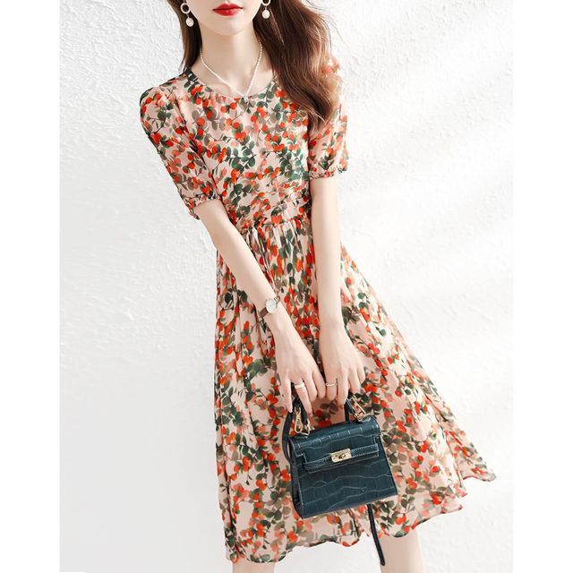 Jeonseon - Short-Sleeve Floral Midi A-Line Dress | YesStyle