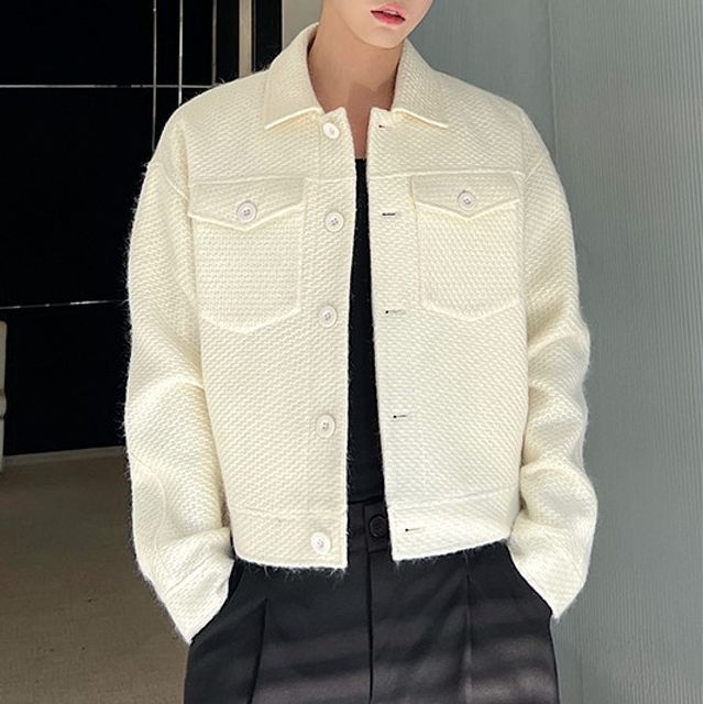 ravewider-Collared Plain Flap Pocket Button Jacket