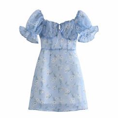 Odilia - Square-Neck Short-Sleeve Floral Mini A-Line Dress