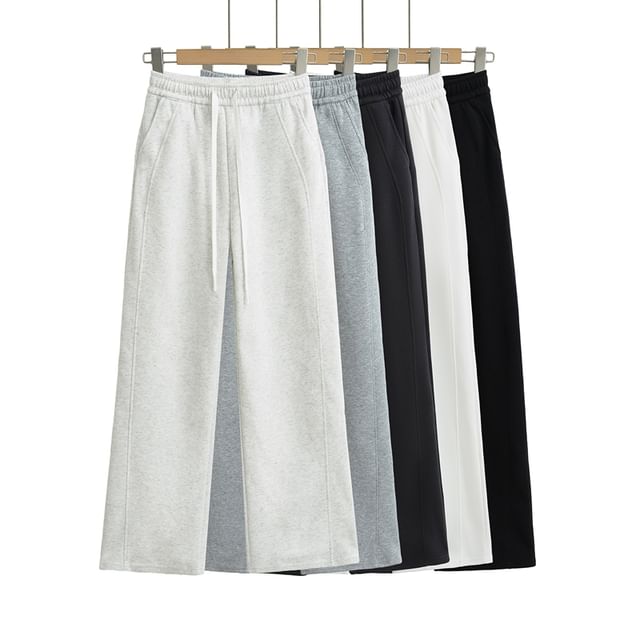 Ulark-Drawstring Waist Plain Wide Leg Sweatpants