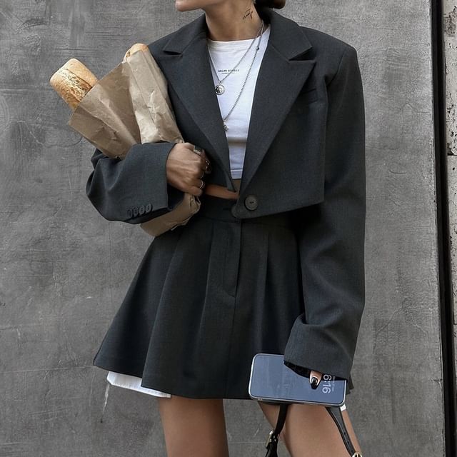 Bolgivy-Set Plain Single-Button Crop Blazer High Waist Pleated Mini A-Line Skirt
