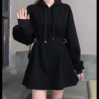 Zhining Starz Long Sleeve Plain Tie Waist Mini Hoodie Dress YesStyle