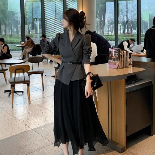 ISSOL-Set Puff Sleeve Notch Lapel Plain Single Breasted Wrap Blazer High Rise Plain Midi A-Line Skirt