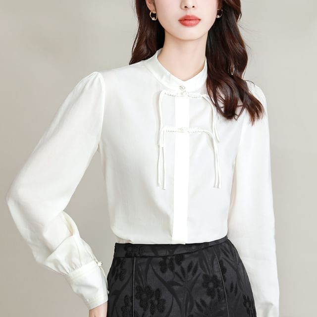 Jeonseon-Long-Sleeve Band Collar Plain Frog Button Blouse