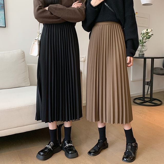 Sisyphi-High Waist Plain Midi Pleated Skirt