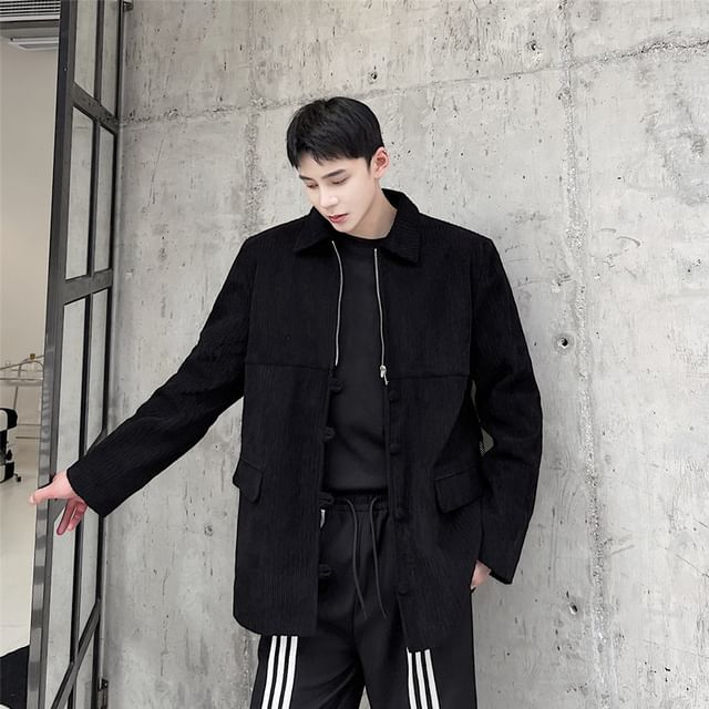 Freehop-Collared Plain Corduroy Button Jacket