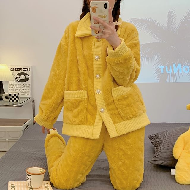 Siensien-Pajama Set Long-Sleeve Collared Plain Jacquard Button-Up Fleece Top Pants
