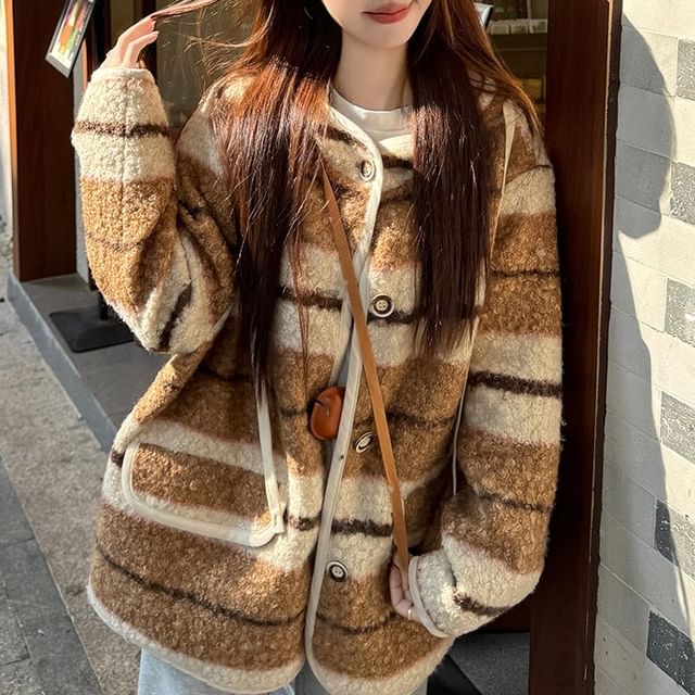 Closette-Striped Fleece Button Jacket