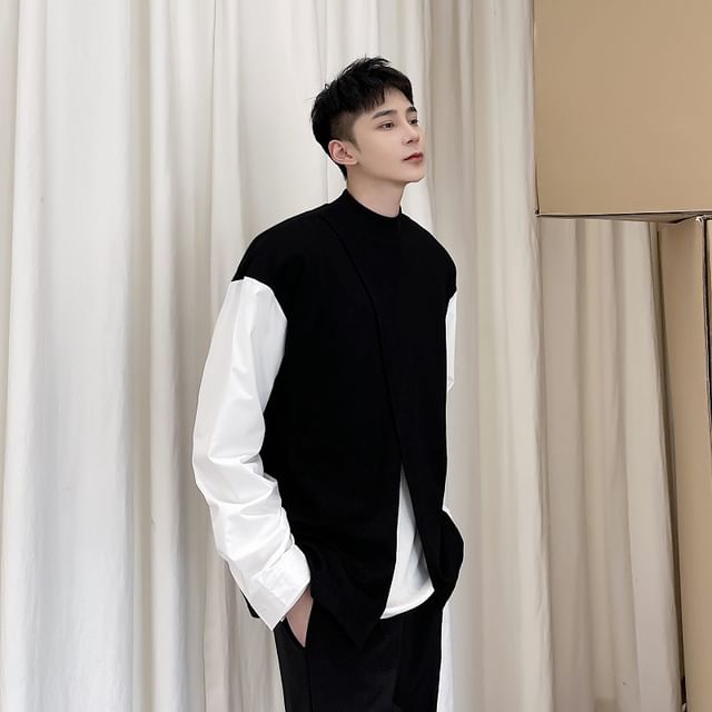 Patow-Crewneck Two Tone Slit Hem Sweatshirt