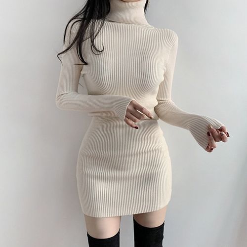 Long-Sleeve Turtleneck Mini Bodycon Knit Dress