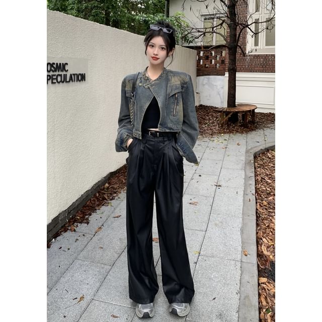 Miss Kekeli-Asymmetrical Denim Crop Button Jacket High Waist Plain Faux Leather Wide Leg Pants Belt Set