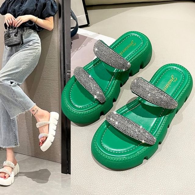 Asterisk-Rhinestone Platform Slide Sandals