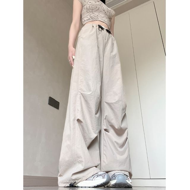 evanesce-Drawstring Waist Plain Baggy Cargo Pants Various Designs