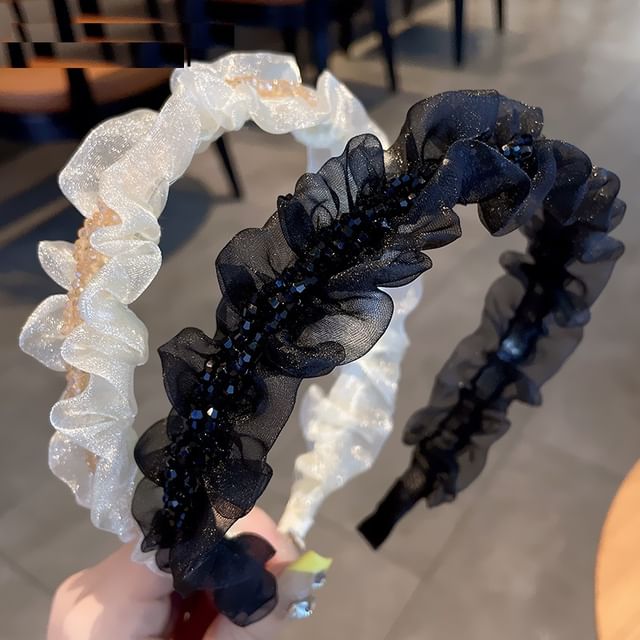 Baburu-Faux Crystal Ruffle Mesh Headband Set