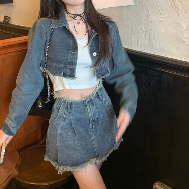 monroll-Collar Fringed Denim Crop Button Jacket High Rise Mini A-Line Skirt
