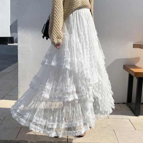 Count to 10 - High Rise Midi A-Line Lace Layered Skirt Count to 10 - High Rise Midi A-Line Lace Layered Skirt
