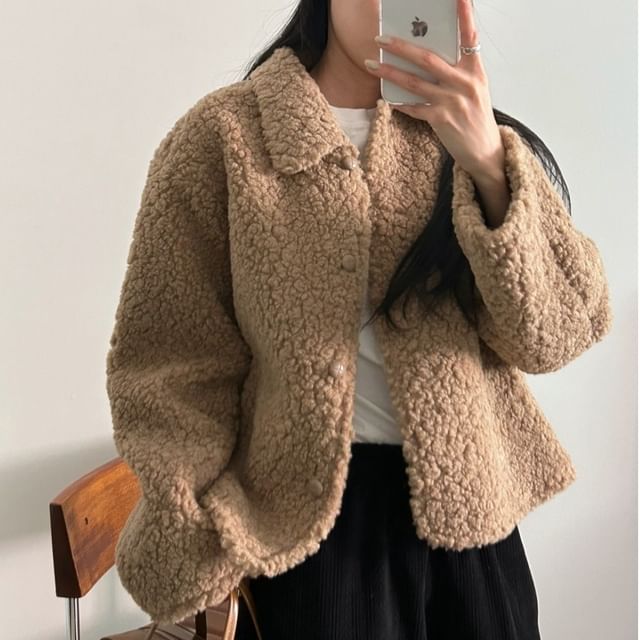 MIKIGA-Long Sleeve Lapel Neck Button Up Fleece Jacket