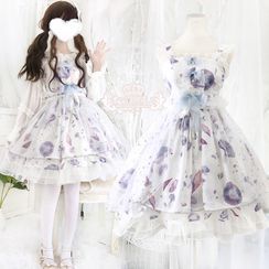 GOGO Girl - Ruffled Blouse / Jellyfish Print Ribbon Sleeveless A-Line Dress