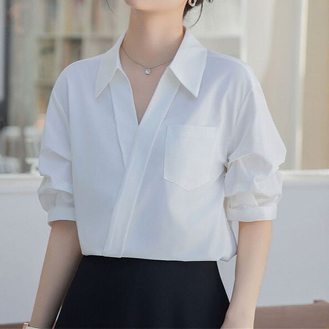 Dragan Pulse-Elbow-Sleeve V-Neck Collared Plain Blouse