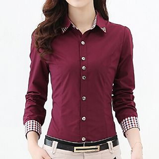 3150~ID Standard Collar Gingham Motif Cotton Shirt