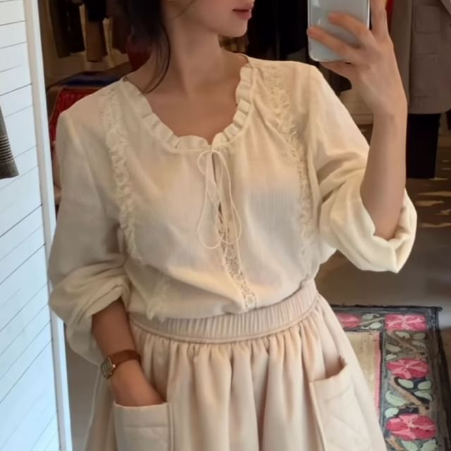 Coris-Long-Sleeve Frill Trim Plain Top