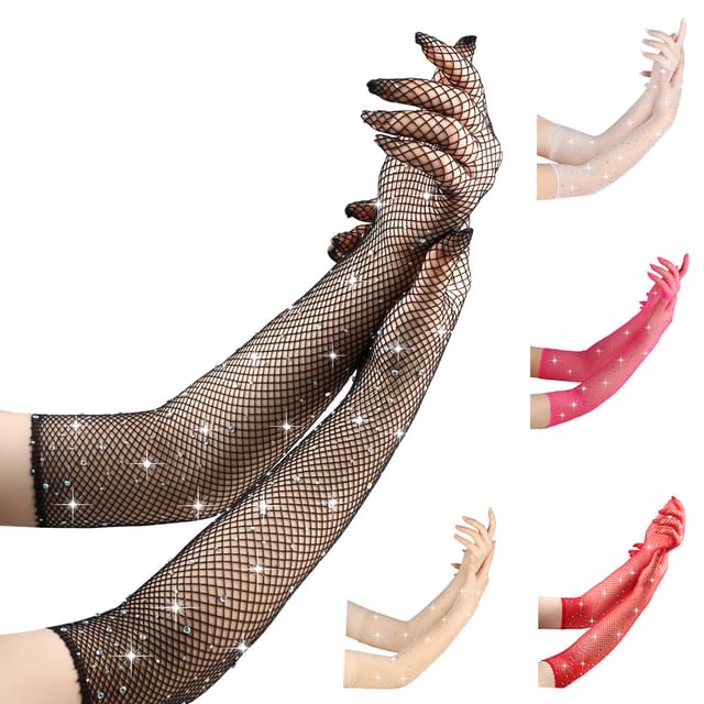 Kinoxslone-Rhinestone Fishnet Gloves