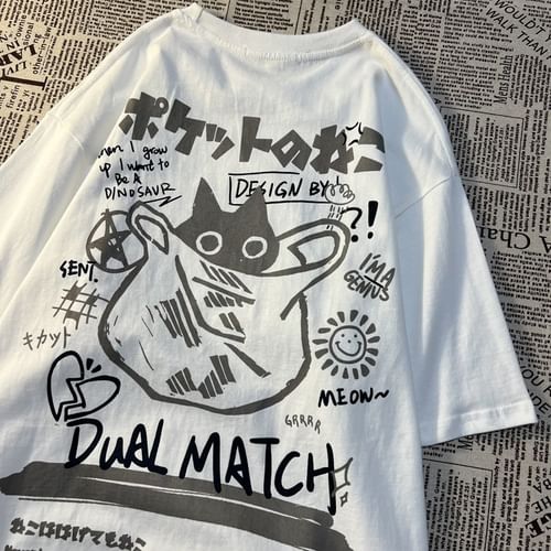 Rosesand - Short Sleeve Cat & Lettering Print Loose-Fit T-Shirt