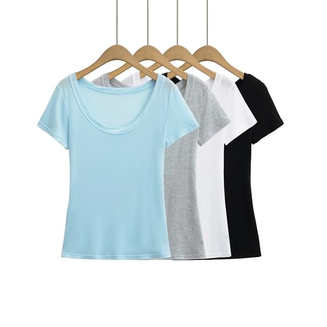 Asiris-Long Sleeve Scoop Neck Plain T-Shirt