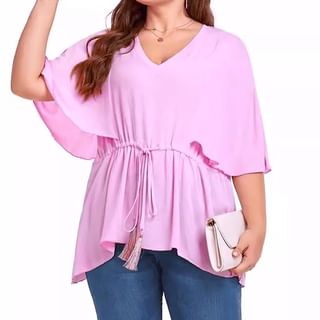 tropibreeze-Elbow-Sleeve V-Neck Plain Blouse