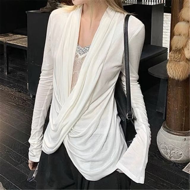 Asiris-Long Sleeve V-Neck Plain Draped Mock Two Piece Panel Lace Top