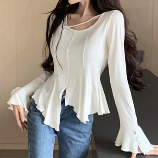 ANORA-Long-Sleeve Asymmetrical-Neck Plain Ruffle Hem Slit Tee