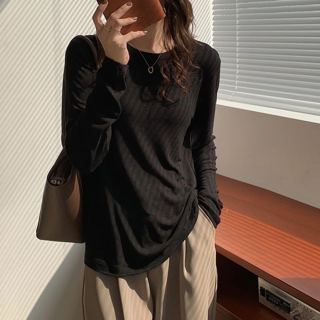 Magimomo-Long-Sleeve Crew Neck Plain Tee