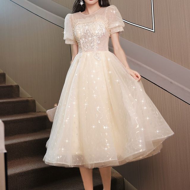 Caprice - Puff-Sleeve Crew Neck Sequined Panel Sheer Overlay Midi A-Line Evening  Dress | YesStyle
